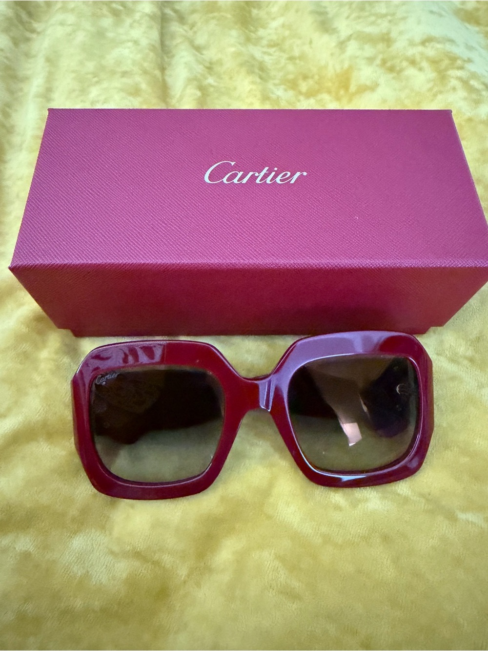 Authentic Cartier Oversized Burgundy Square Sunglasses + Red Box